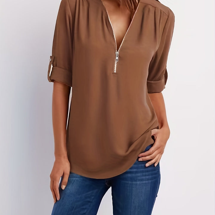 Nivara – Col V zippé en tissu tissé, blouse