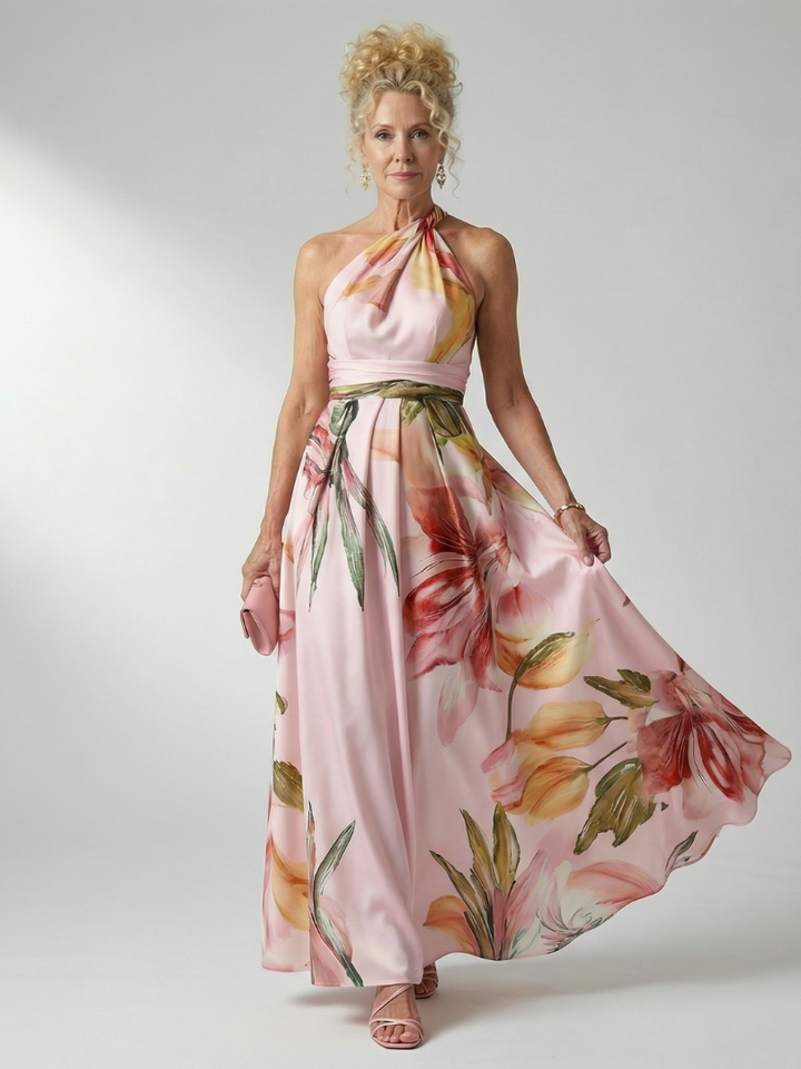 Mevara – Encolure américaine, motif floral, robe maxi