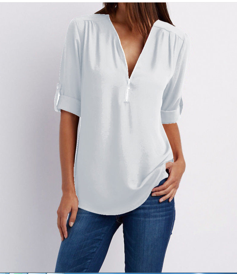 Nivara – Col V zippé en tissu tissé, blouse