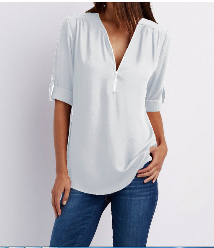 Nivara – Col V zippé en tissu tissé, blouse