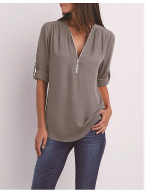 Nivara – Col V zippé en tissu tissé, blouse