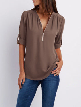 Nivara – Col V zippé en tissu tissé, blouse