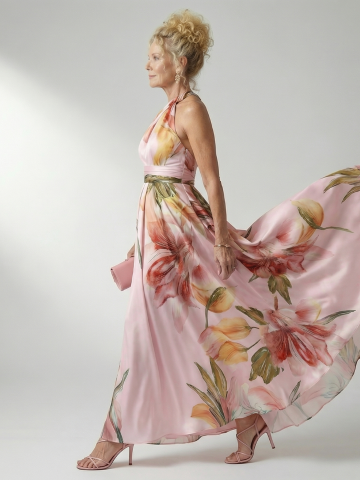 Mevara – Encolure américaine, motif floral, robe maxi