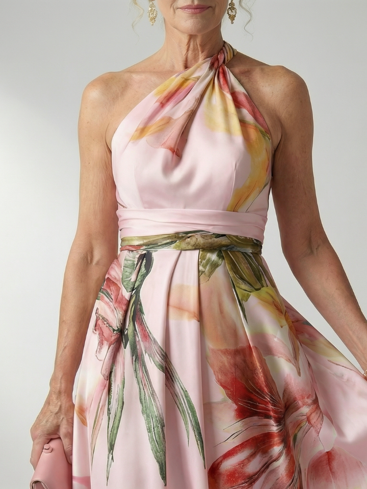 Mevara – Encolure américaine, motif floral, robe maxi