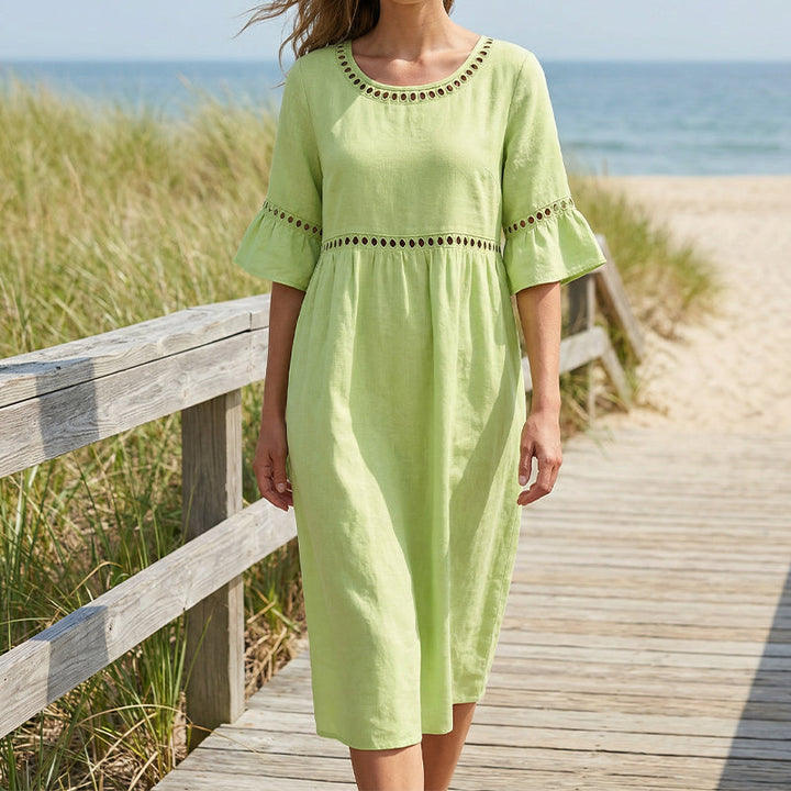 Lunira – robe midi en coton-lin avec détails en dentelle