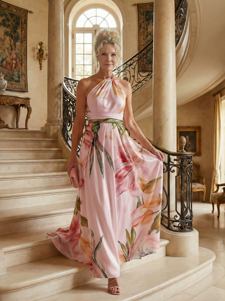 Mevara – Encolure américaine, motif floral, robe maxi