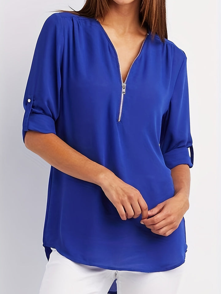 Nivara – Col V zippé en tissu tissé, blouse