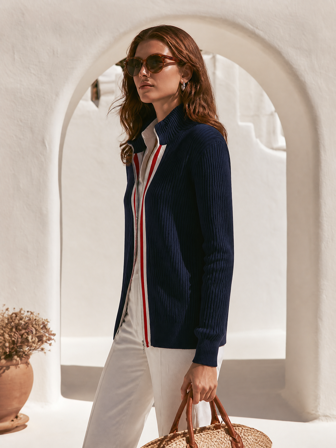 Zevira – cardigan en maille côtelée à bordure rayée