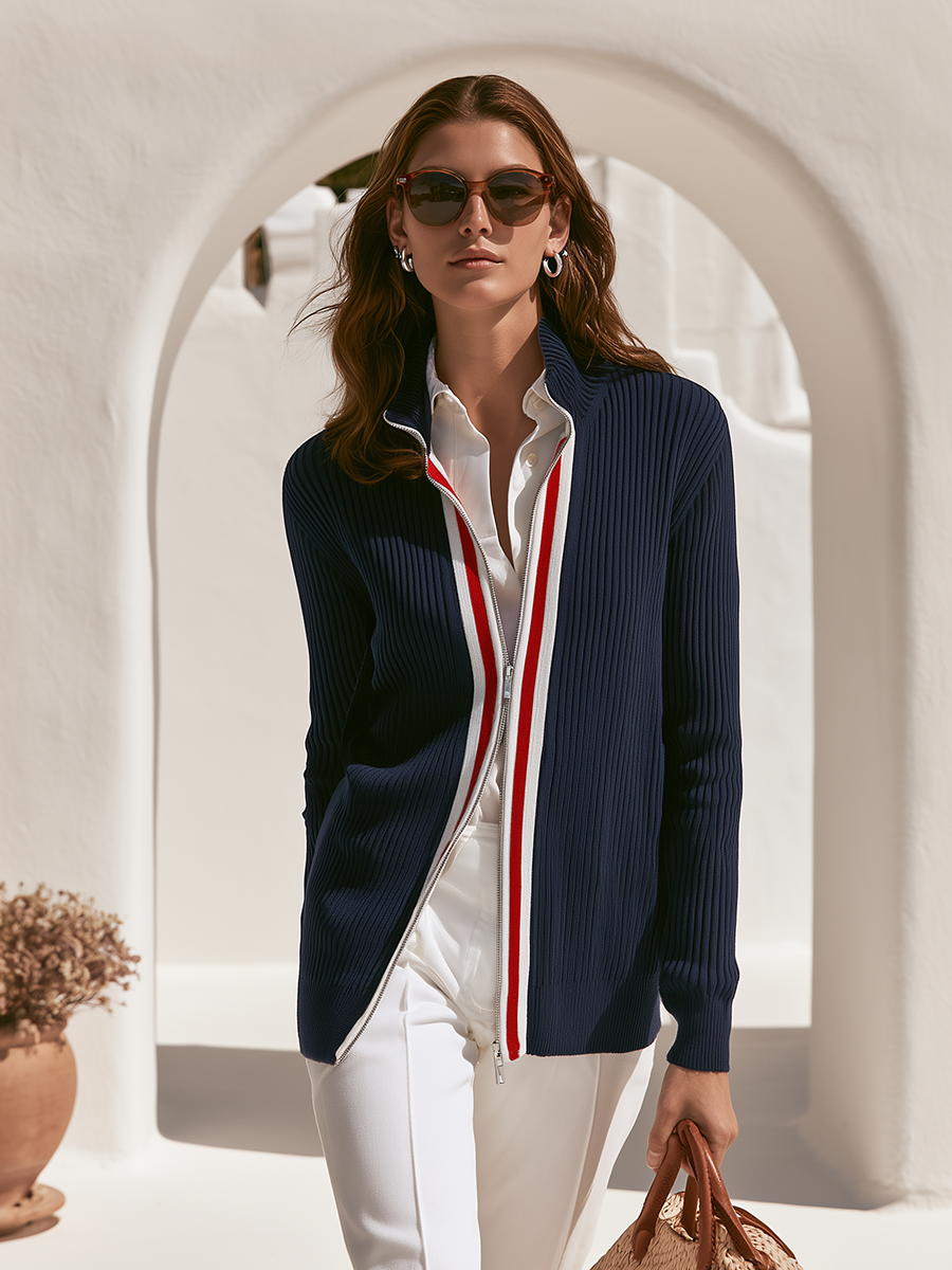 Zevira – cardigan en maille côtelée à bordure rayée