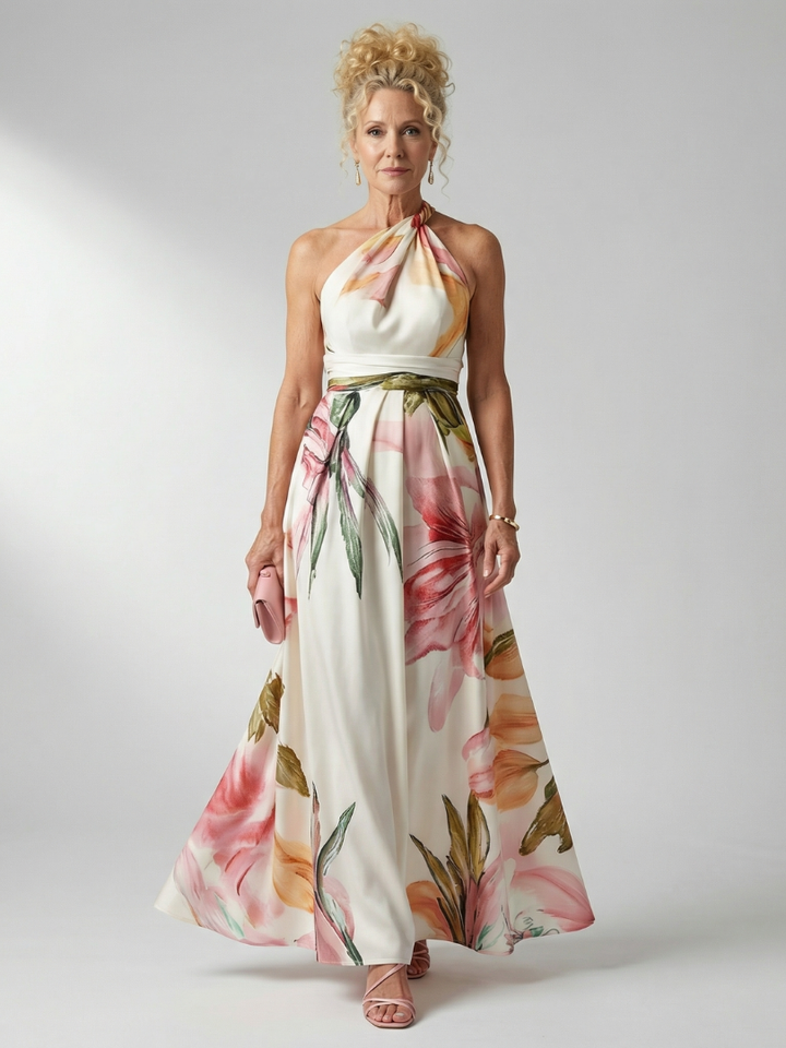 Mevara – Encolure américaine, motif floral, robe maxi