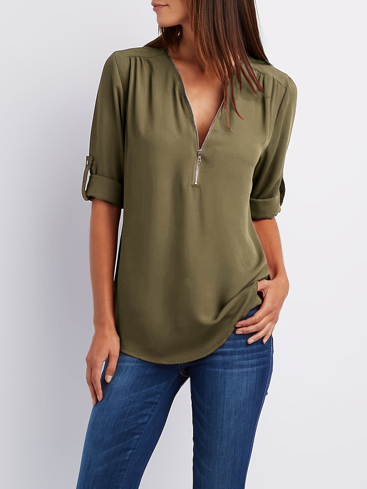 Nivara – Col V zippé en tissu tissé, blouse