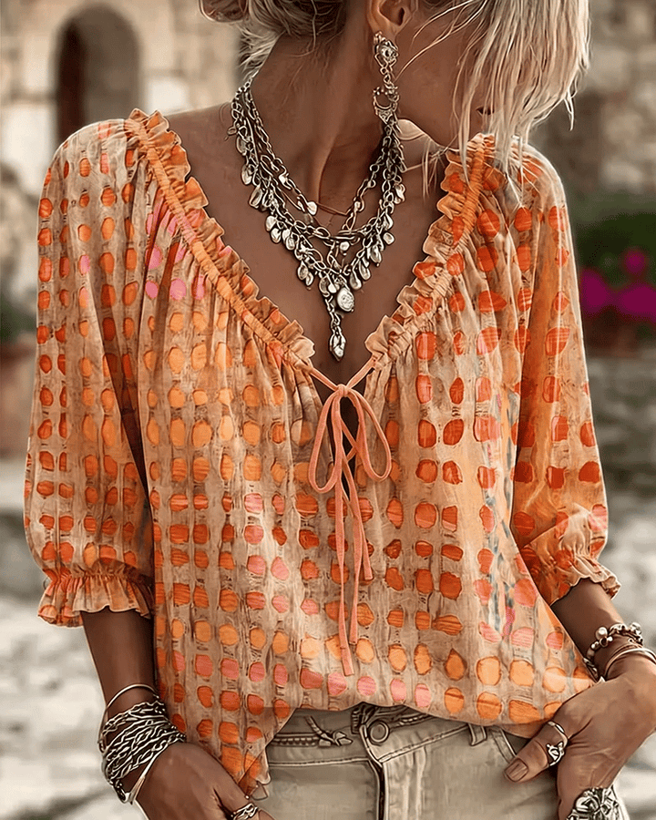 Noreli – À lacets et décolleté en V, en coton mélangé, blouse
