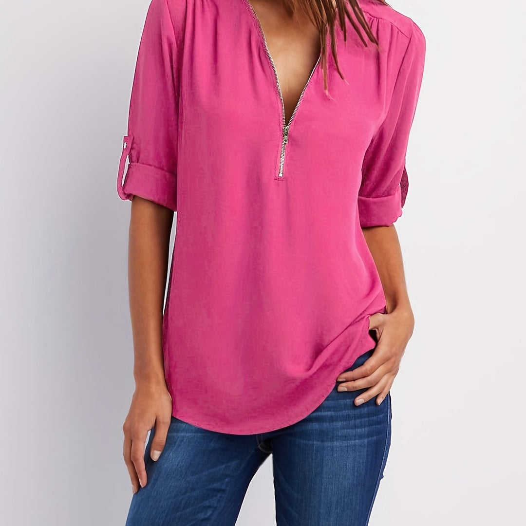 Nivara – Col V zippé en tissu tissé, blouse