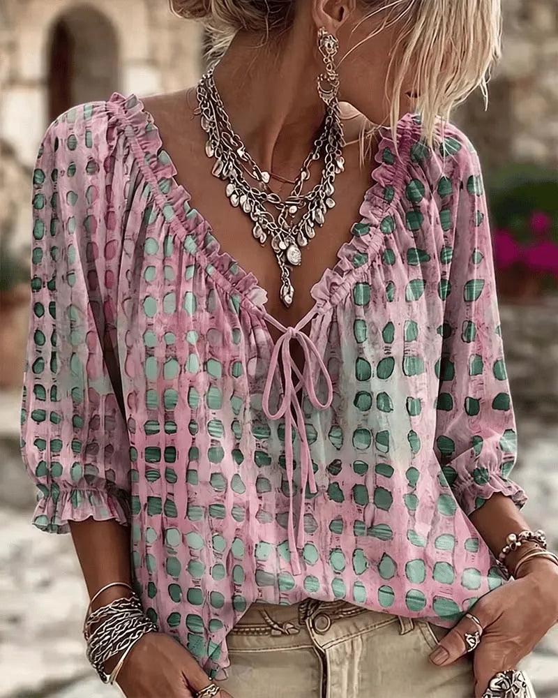 Noreli – À lacets et décolleté en V, en coton mélangé, blouse