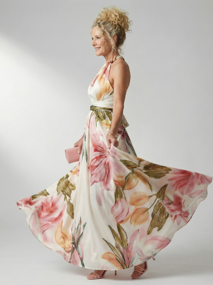 Mevara – Encolure américaine, motif floral, robe maxi