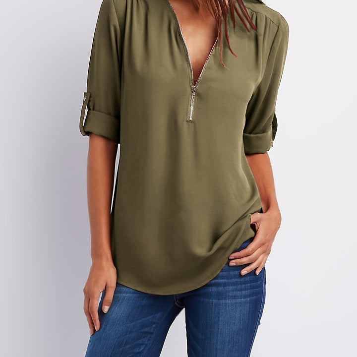 Nivara – Col V zippé en tissu tissé, blouse