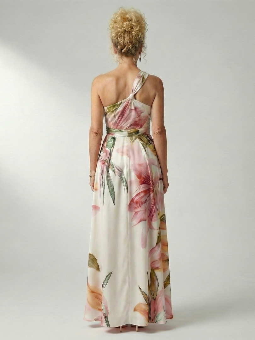 Mevara – Encolure américaine, motif floral, robe maxi