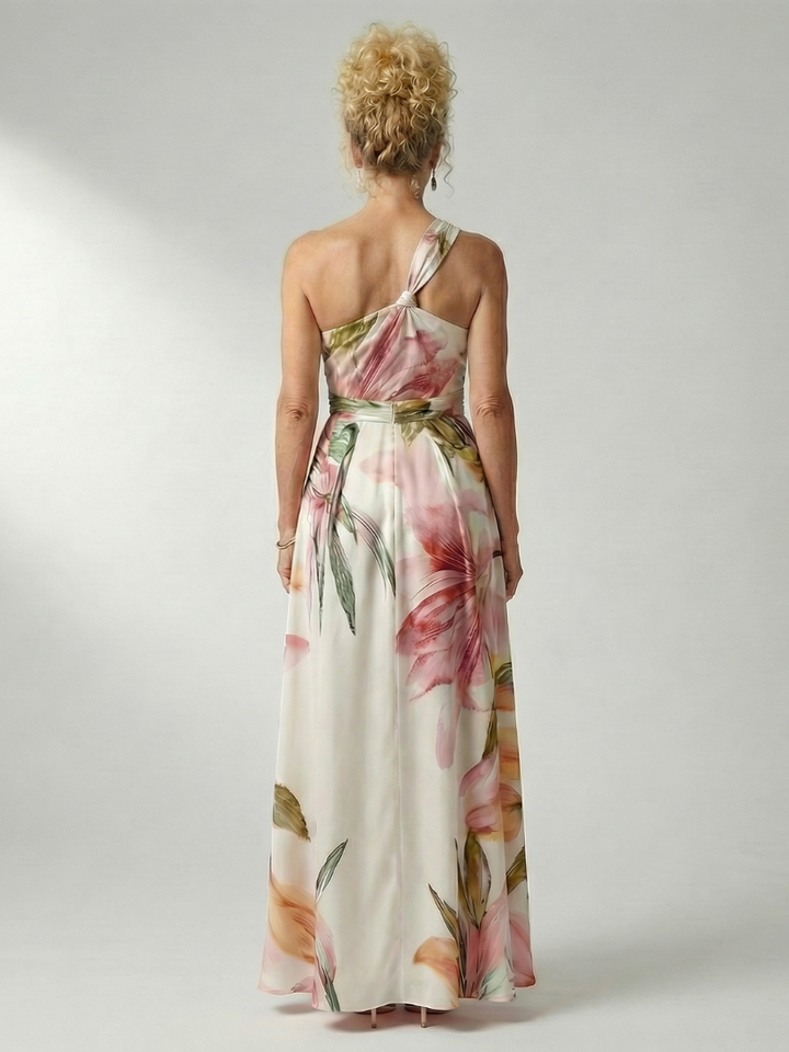 Mevara – Encolure américaine, motif floral, robe maxi