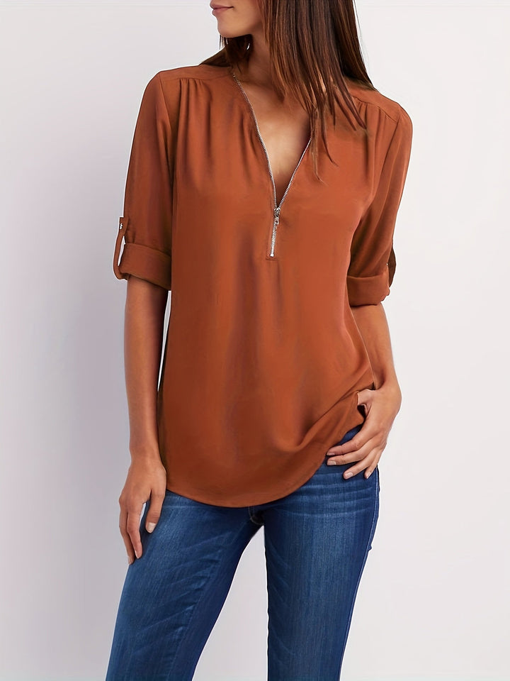 Nivara – Col V zippé en tissu tissé, blouse