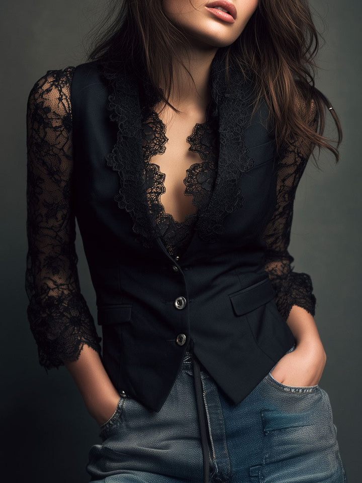 Nalira – ensemble blouse à manches en dentelle et gilet