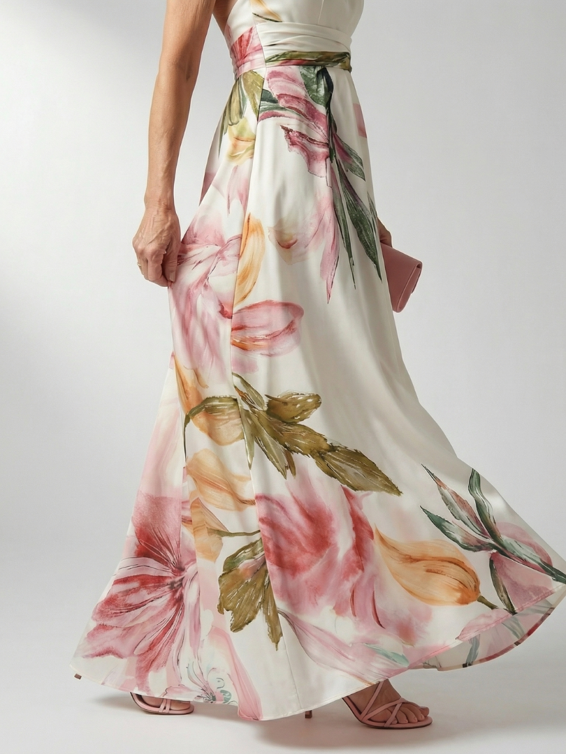 Mevara – Encolure américaine, motif floral, robe maxi