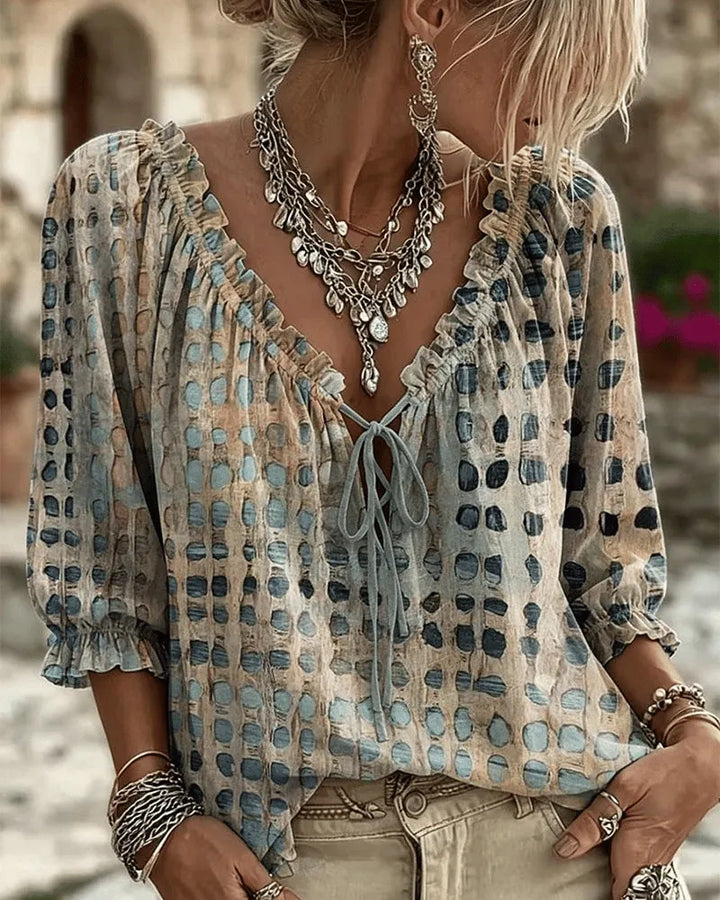 Noreli – À lacets et décolleté en V, en coton mélangé, blouse