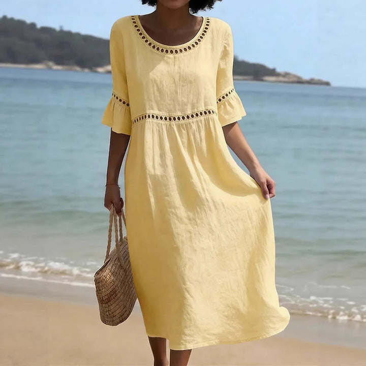 Lunira – robe midi en coton-lin avec détails en dentelle