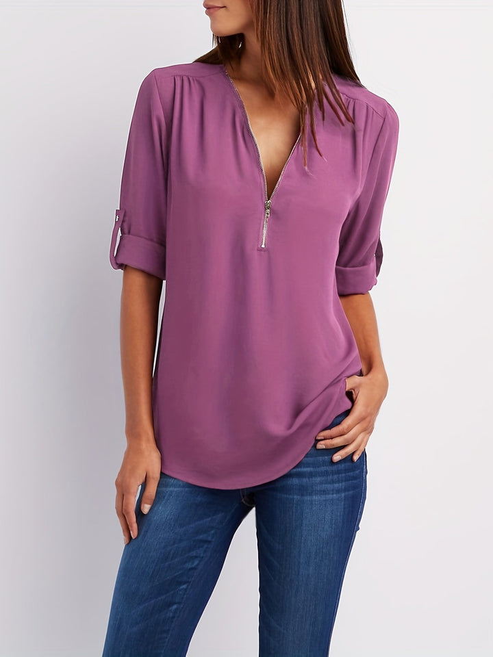 Nivara – Col V zippé en tissu tissé, blouse