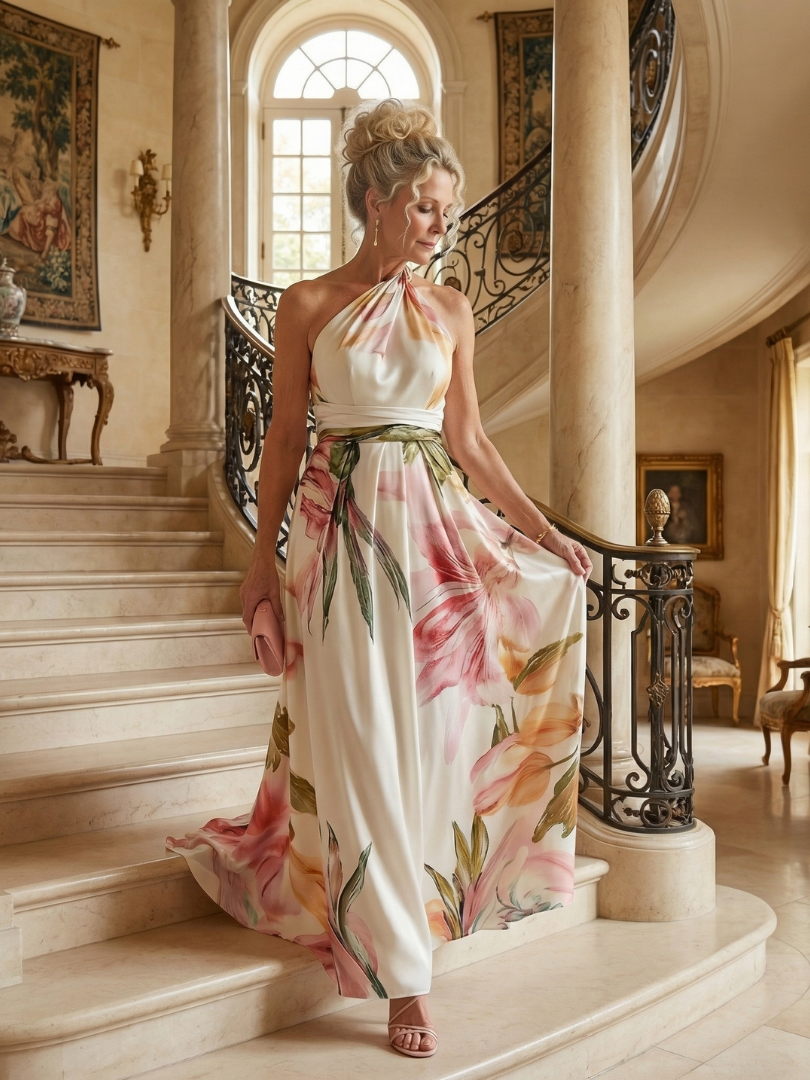 Mevara – Encolure américaine, motif floral, robe maxi