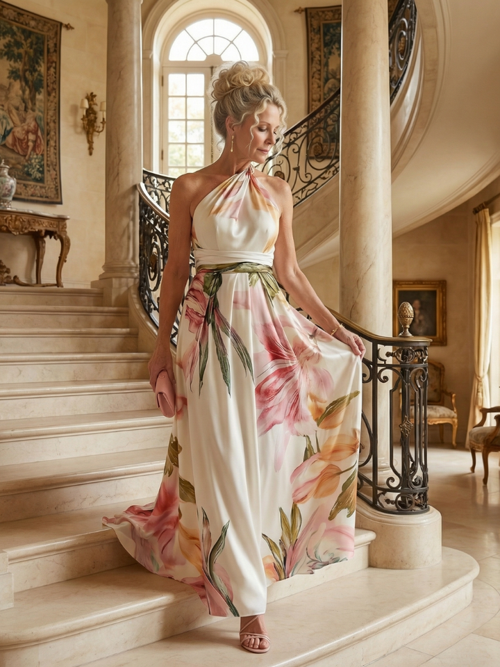 Mevara – Encolure américaine, motif floral, robe maxi