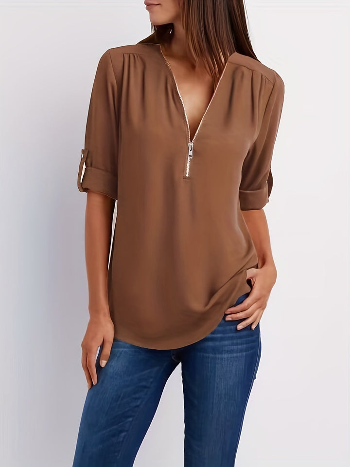 Nivara – Col V zippé en tissu tissé, blouse