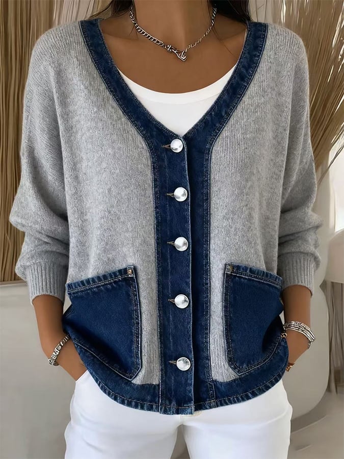 Ilyra – cardigan en tricot patchwork en denim