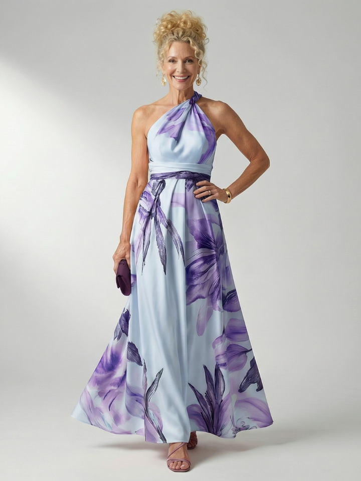 Mevara – Encolure américaine, motif floral, robe maxi