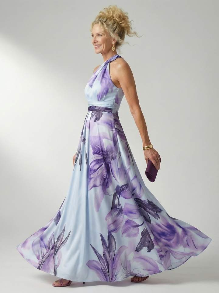 Mevara – Encolure américaine, motif floral, robe maxi