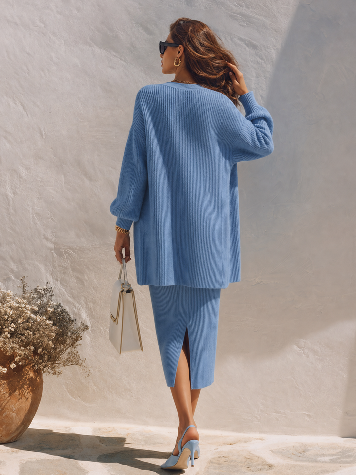 Vesara – Ensemble jupe midi en maille avec cardigan