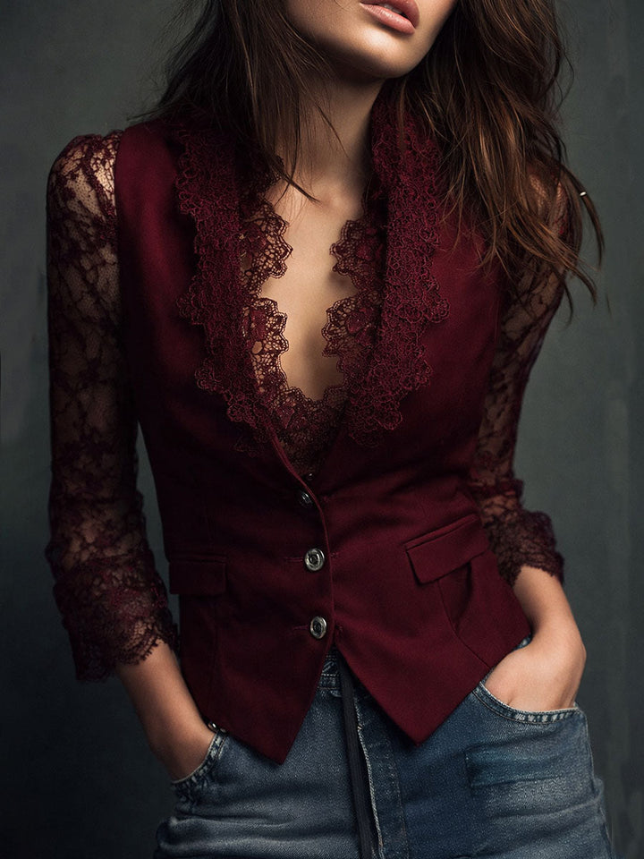 Nalira – ensemble blouse à manches en dentelle et gilet