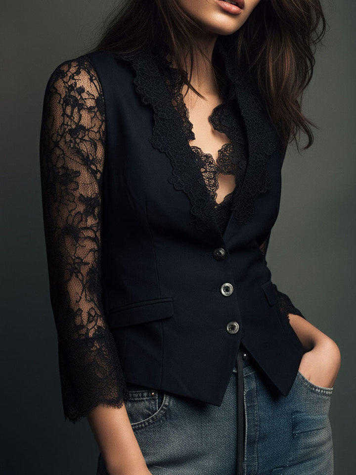 Nalira – ensemble blouse à manches en dentelle et gilet