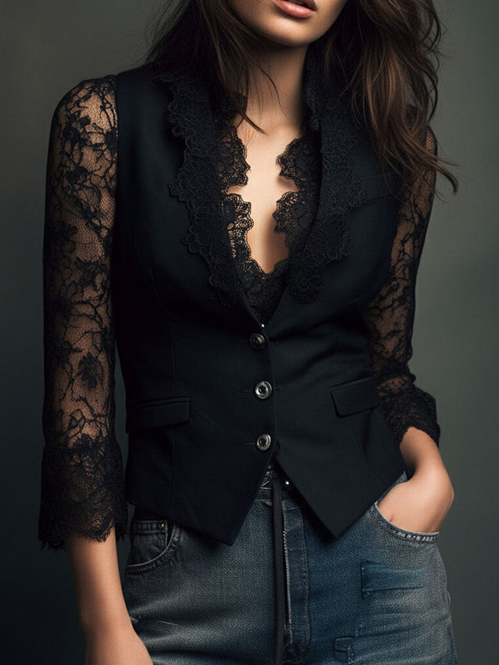 Nalira – ensemble blouse à manches en dentelle et gilet