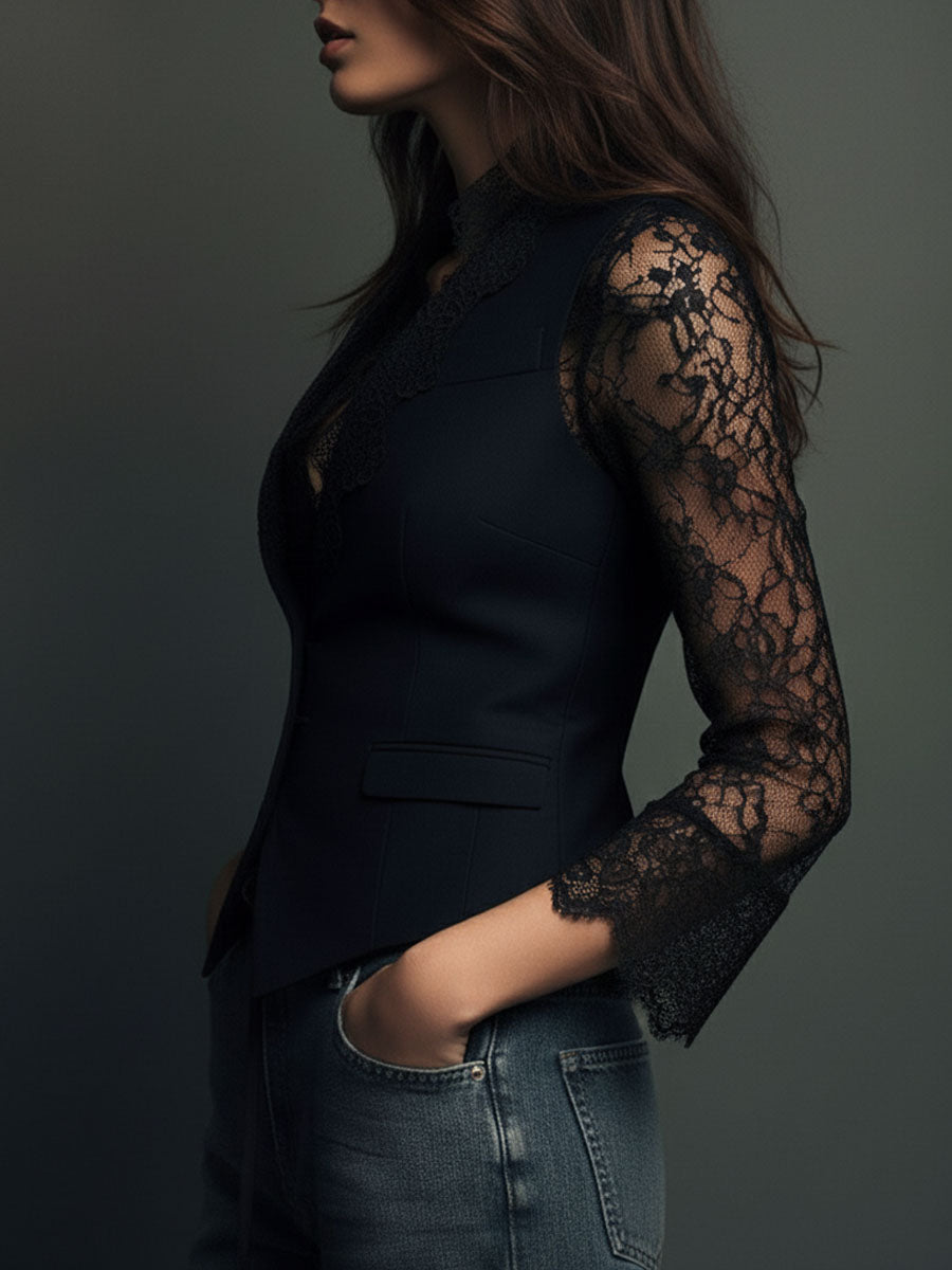 Nalira – ensemble blouse à manches en dentelle et gilet