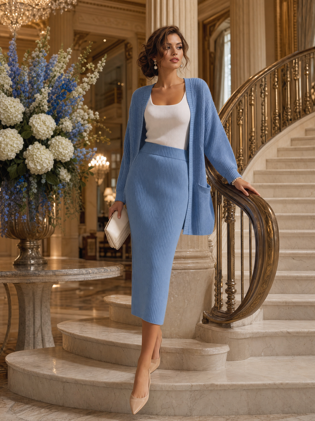 Vesara – Ensemble jupe midi en maille avec cardigan