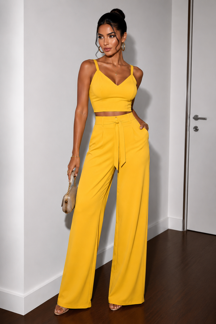 Alyra – drapé, ceinture à nouer, ensemble pantalon palazzo