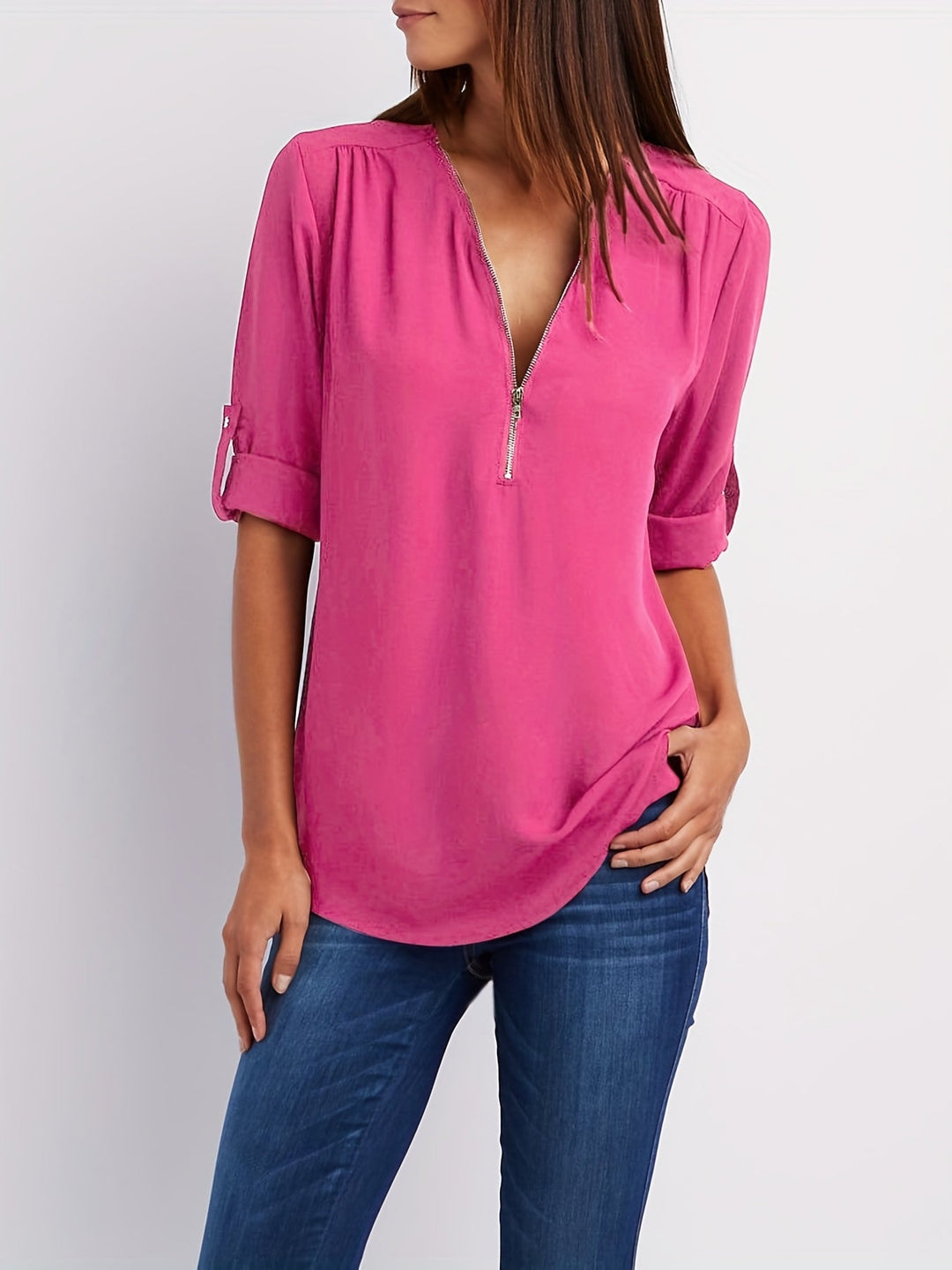 Nivara – Col V zippé en tissu tissé, blouse