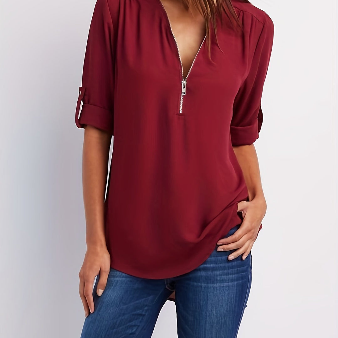 Nivara – Col V zippé en tissu tissé, blouse