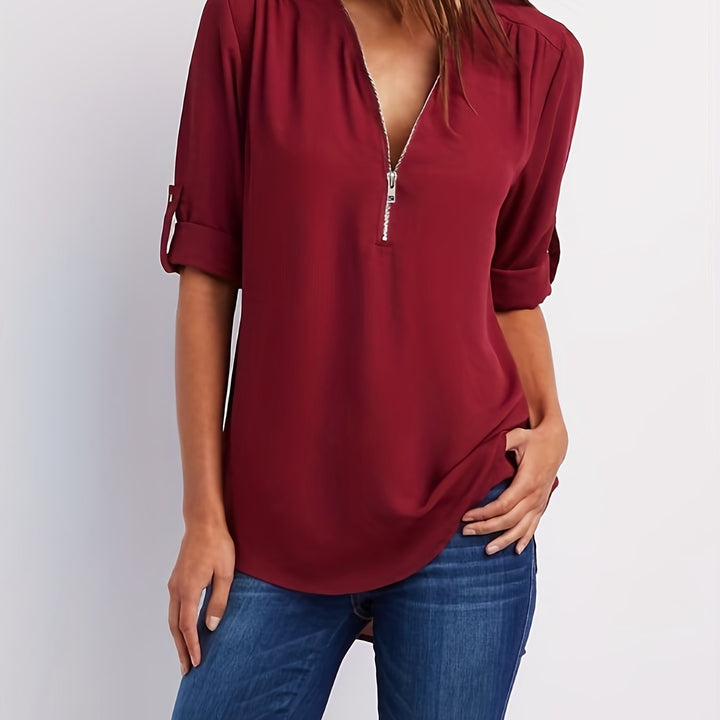 Nivara – Col V zippé en tissu tissé, blouse