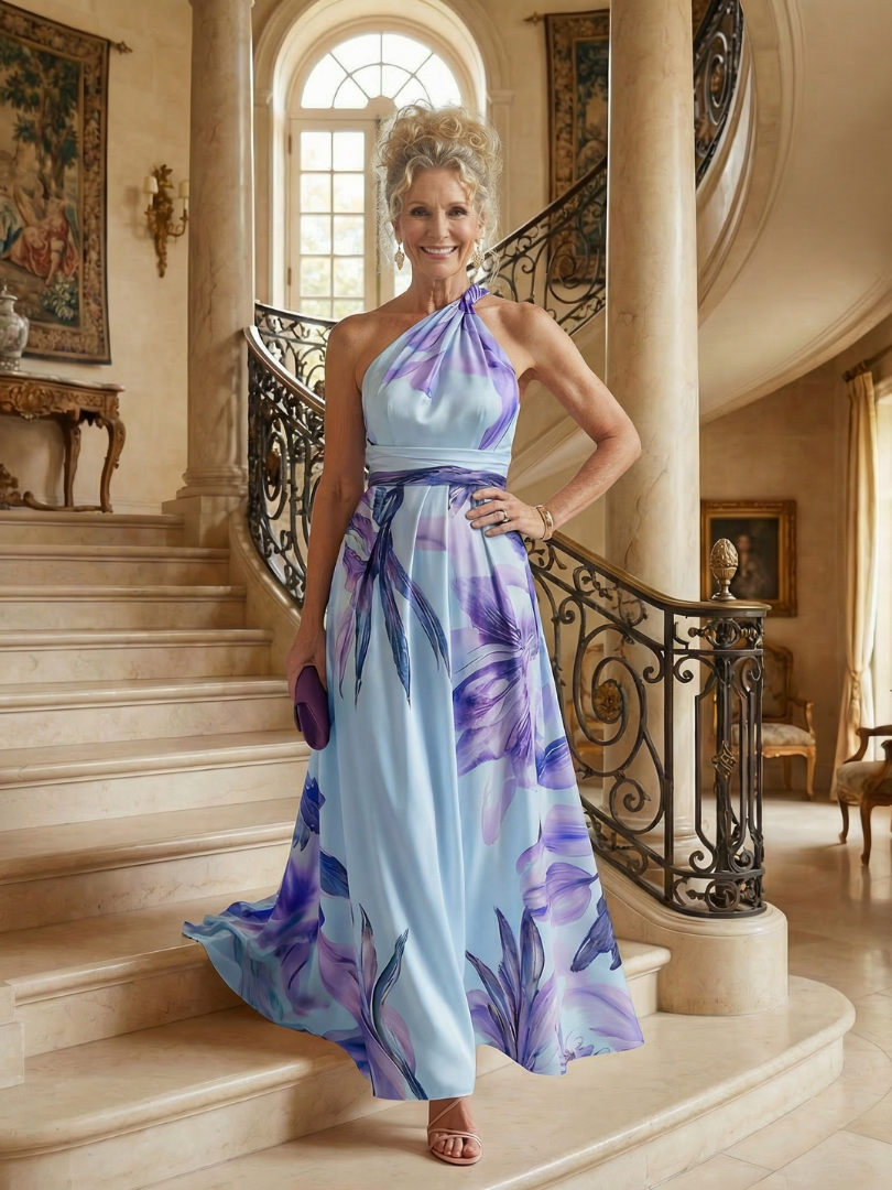 Mevara – Encolure américaine, motif floral, robe maxi