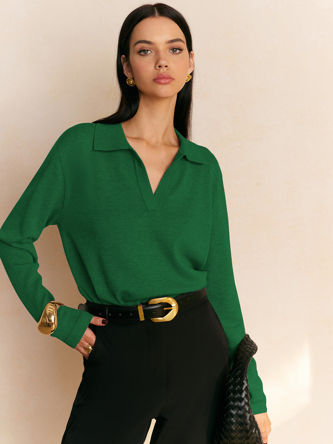 Elyra – Pull en maille fine à col polo en V