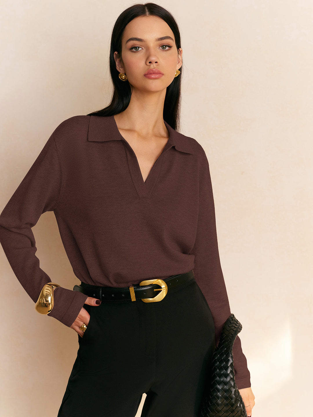 Elyra – Pull en maille fine à col polo en V