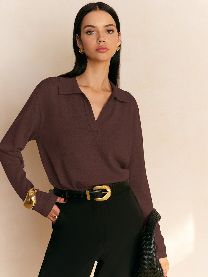 Elyra – Pull en maille fine à col polo en V