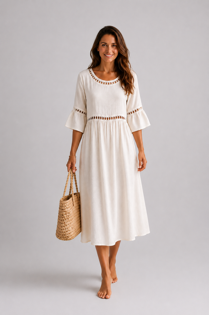 Lunira – robe midi en coton-lin avec détails en dentelle
