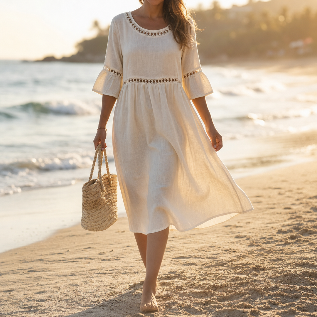 Lunira – robe midi en coton-lin avec détails en dentelle